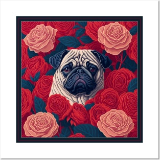 Dogs, pug and flowers, dog, style vector (red version 1 pug) Posters and Art